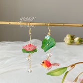 Lotus and Fish Earrings, Lily pad and Lotus flower dangle earrings, water lily Lotus earrings